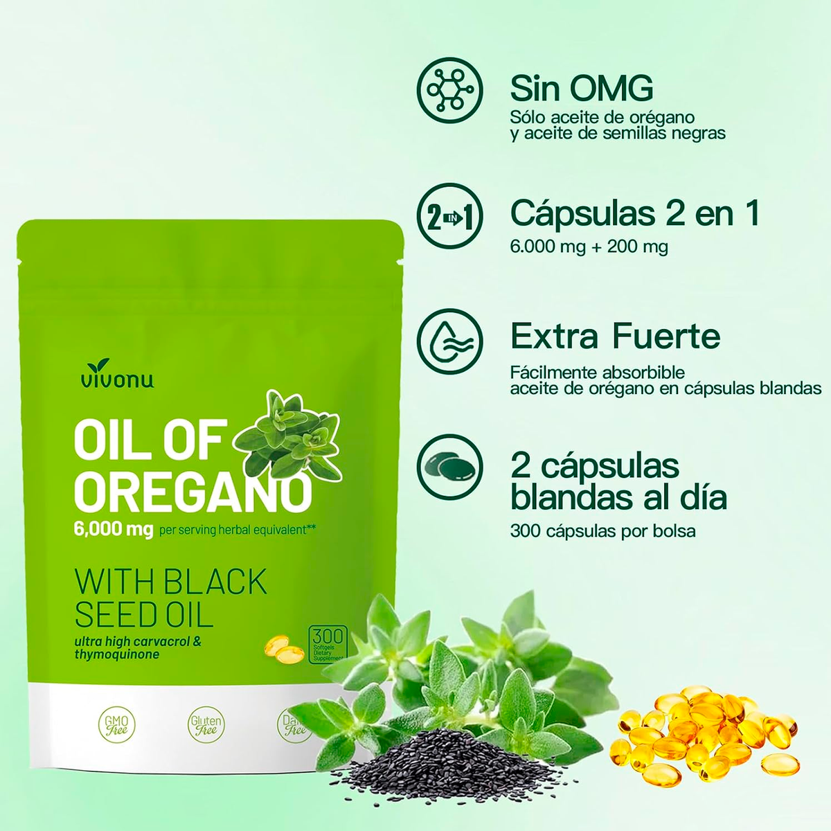 Aceite de Oregano 2 en 1, 300 cápsulas