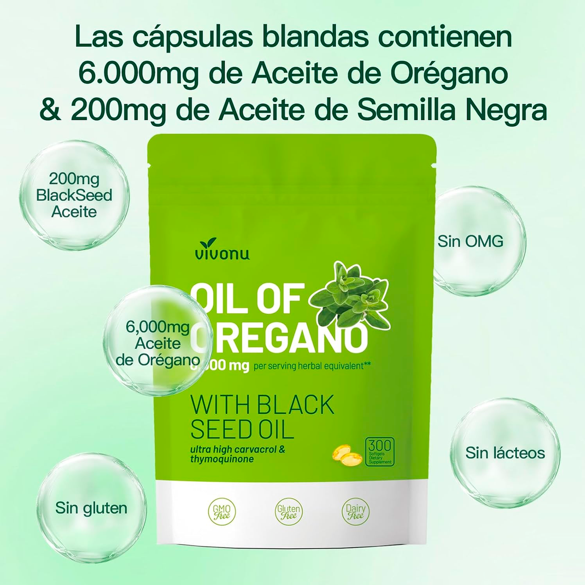 Aceite de Oregano 2 en 1, 300 cápsulas