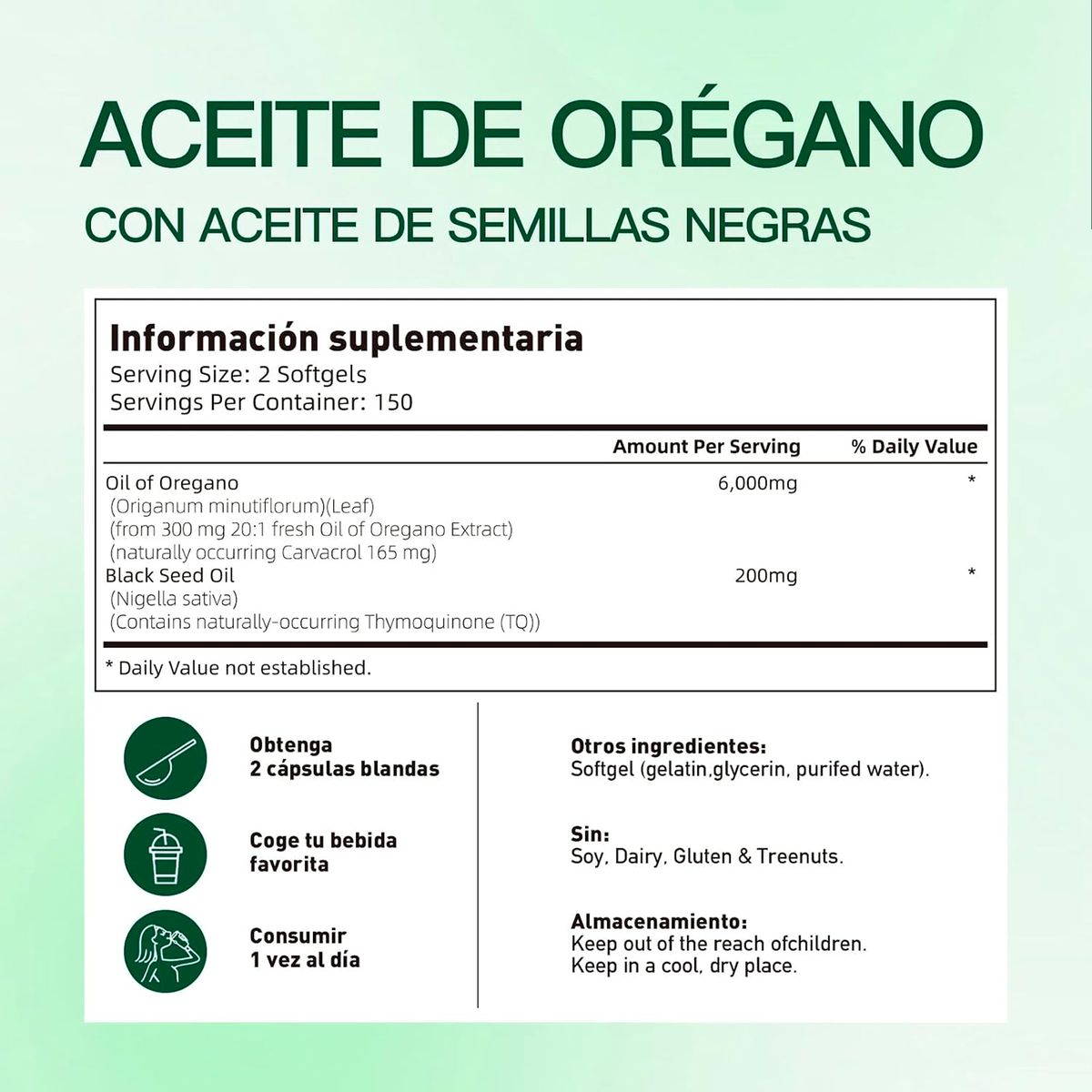 Aceite de Oregano 2 en 1, 300 cápsulas