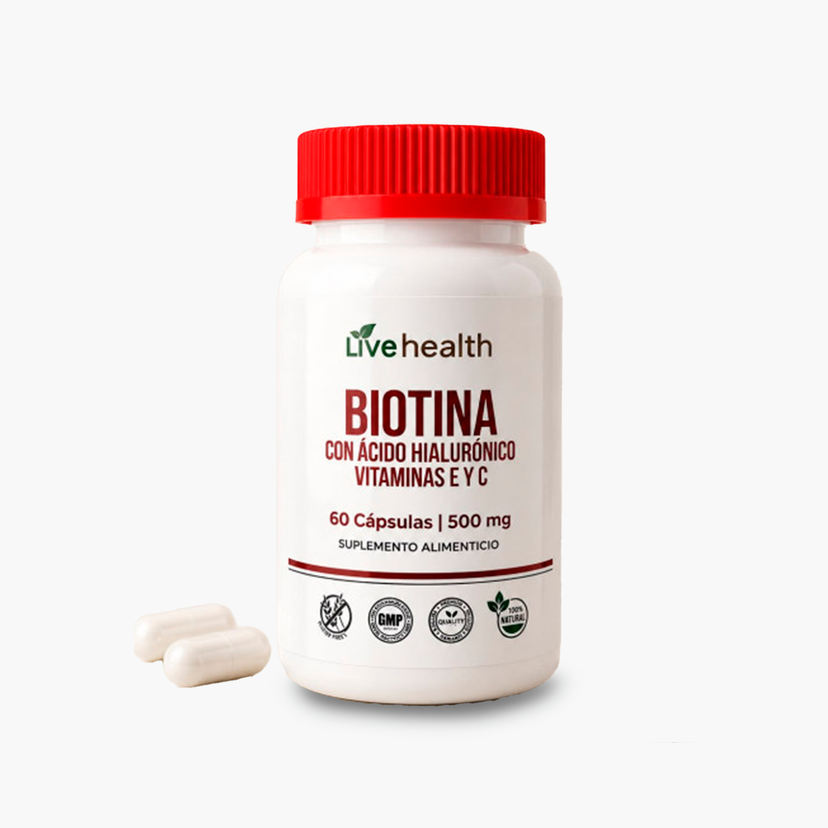 Biotina con Acido Hialuronico Vitaminas E y C, 60 cápsulas